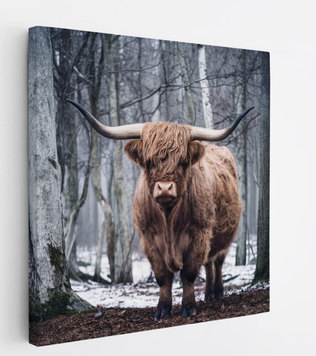 Saammp Canvas Schilderij - Schotse Hooglander Koe - Kunst - Zwart-Wit - Landschap - Dieren - Natuur - 20x20 - Foto op canvas - Wanddecoratie - muurdecoratie Woonkamer - Slaapkamer decoratie - Canvas Print Multicolor