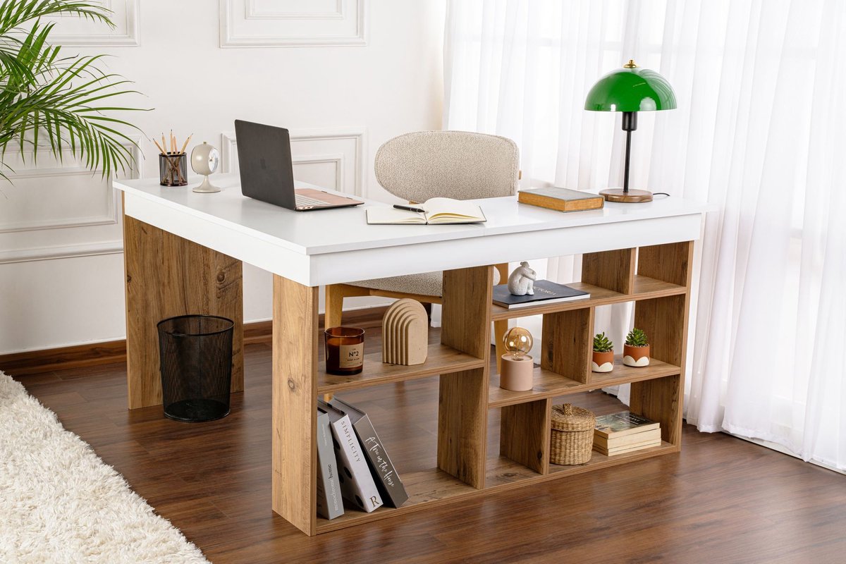 Skye Decor , Bureau, Vesper - White, Atlantic Pine, Gemelamineerde spaanplaat, Wit & Atlantisch grenen, 130 x 120 x 72 cm Weiße und atlantische Kiefer