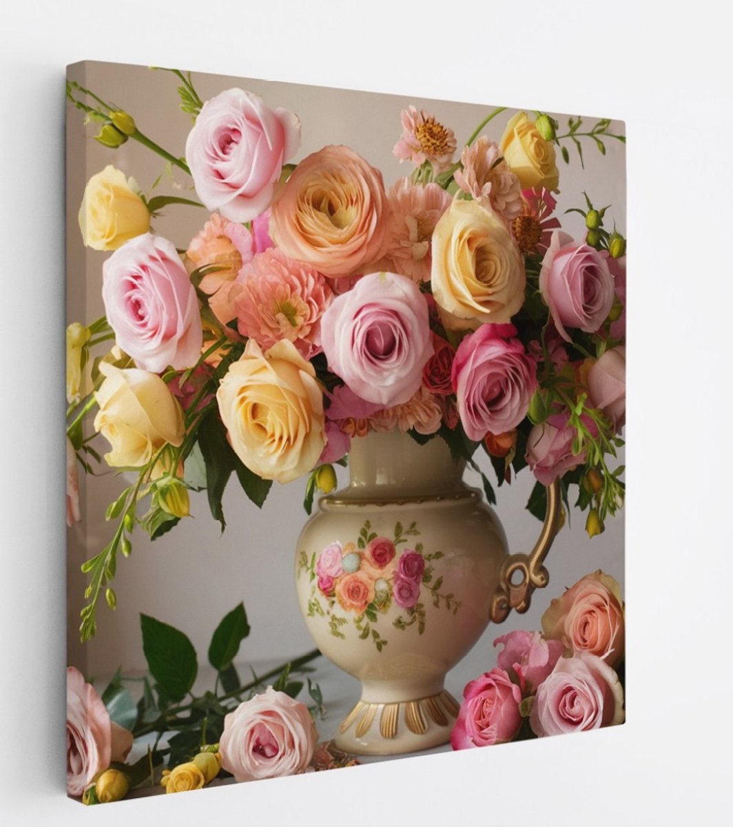 Saammp Canvas Schilderij - Roze Bloemen in mooie vaas - Abstract - 40x40 - Foto op canvas - Wanddecoratie - Muurdecoratie Woonkamer - Kantoor Decoratie Multicolor