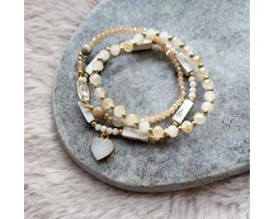 Jewels88 Armbandenset Kralenarmbanden- 3 stuks- Vrouw- Hartje- Goudkleurig- Creme Dames armbanden