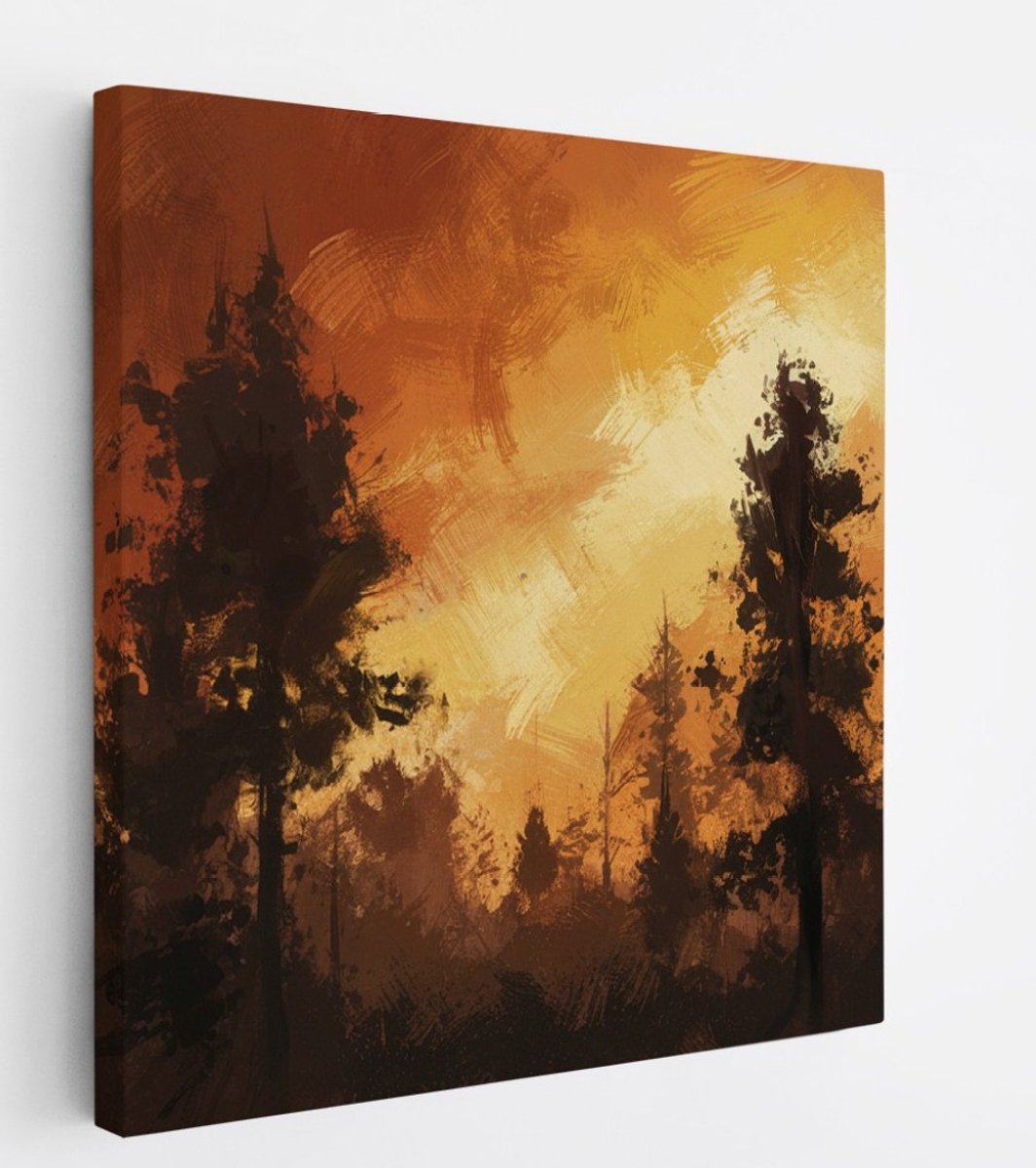Saammp Canvas Schilderij - Oranje- Bomen - Abstract - Landschap - Natuur - 60x60 - Foto op canvas - Wanddecoratie - Muurdecoratie Woonkamer - Slaapkamer decoratie - Canvas Print Multicolor