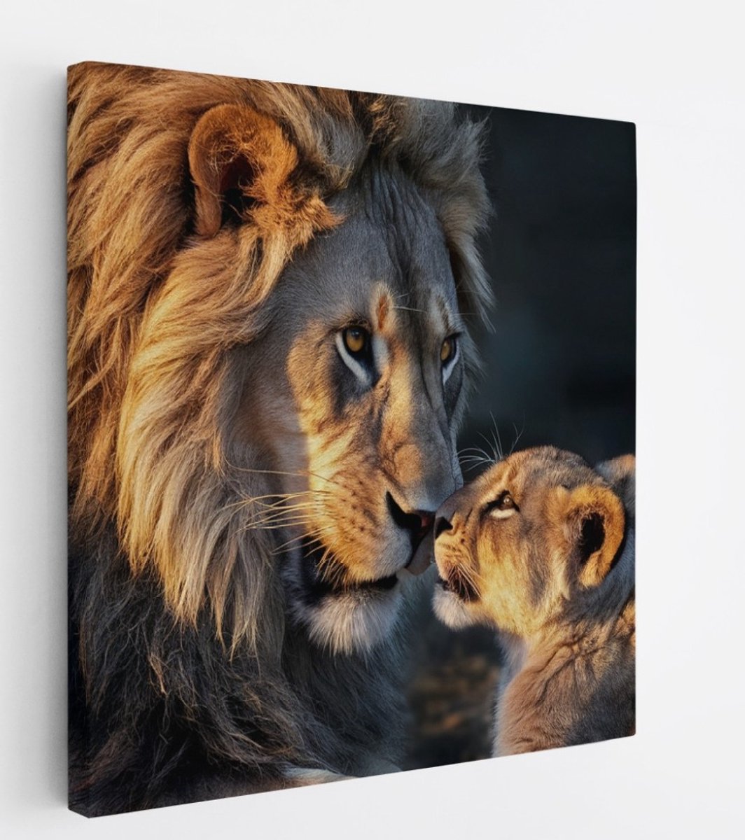 Saammp Canvas Schilderij - Leeuw met welp - Liefdevol - Dieren - Natuur - 40x40 - Foto op canvas - Wanddecoratie - Muurdecoratie Woonkamer - Slaapkamer decoratie - Canvas Print Multicolor