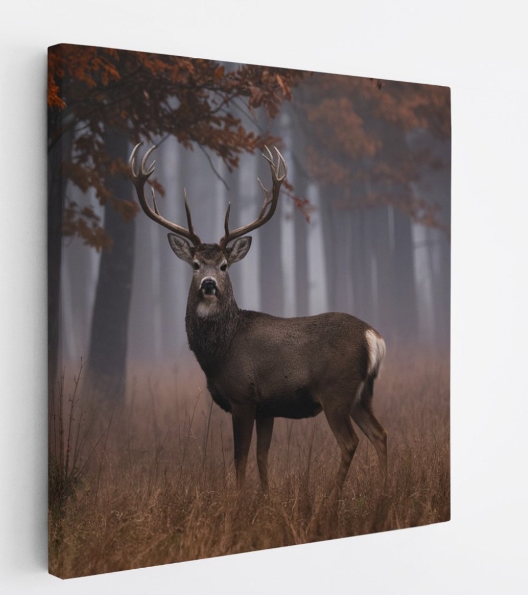 Saammp Canvas Schilderij - Hert bij een bos tijdens de herfst - Natuur - Dieren - 100x100 - Foto op canvas - Wanddecoratie - Muurdecoratie Woonkamer - Slaapkamer decoratie - Canvas Print Multicolor