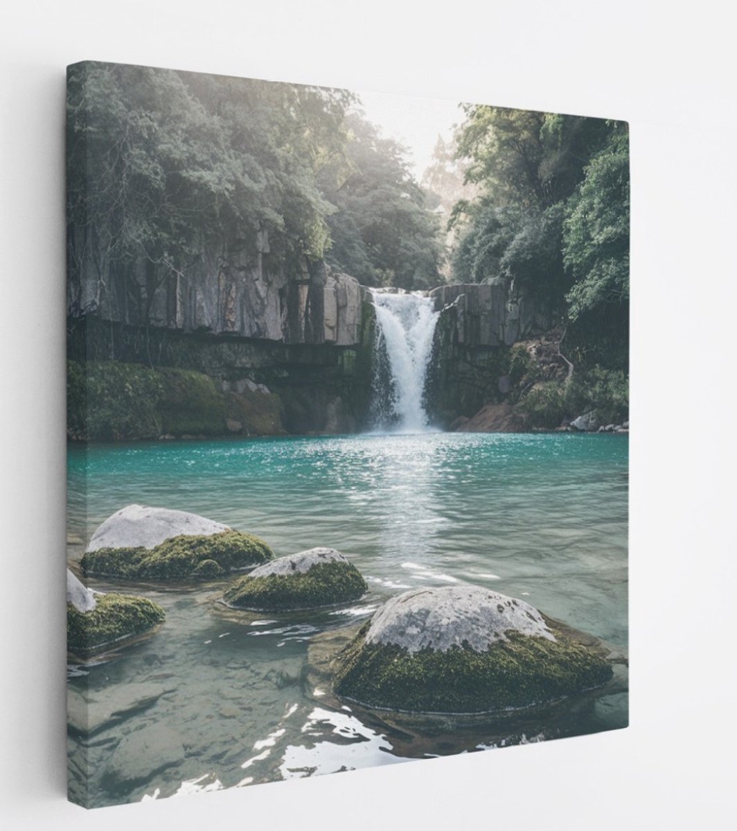 Saammp Canvas Schilderij - waterval in de jungle - Landschap - Natuur - 100x100 - Foto op canvas - Wanddecoratie - Muurdecoratie Woonkamer - Slaapkamer decoratie - Canvas Print Multicolor