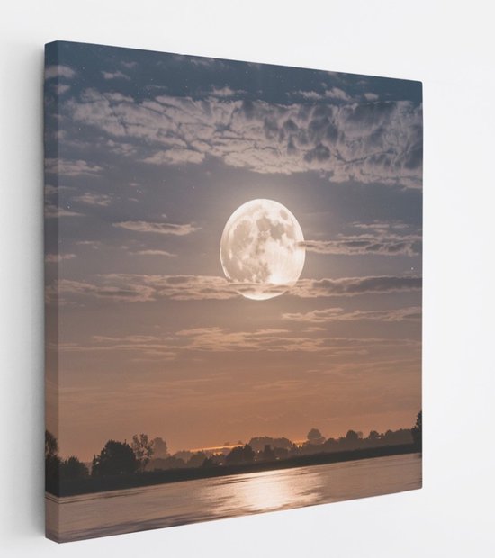 Saammp Canvas Schilderij - Maan boven de stad - Landschap - Natuur - 100x100 - Foto op canvas - Wanddecoratie - Muurdecoratie Woonkamer - Slaapkamer decoratie - Canvas Print