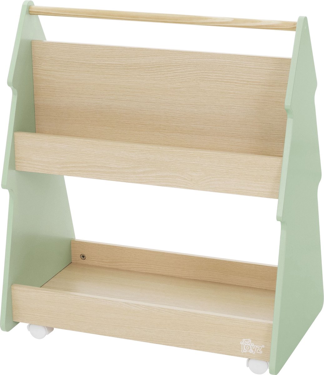 Kinderboekenkast dennenhout design groen/natuur met legplanken en wielen Joyz