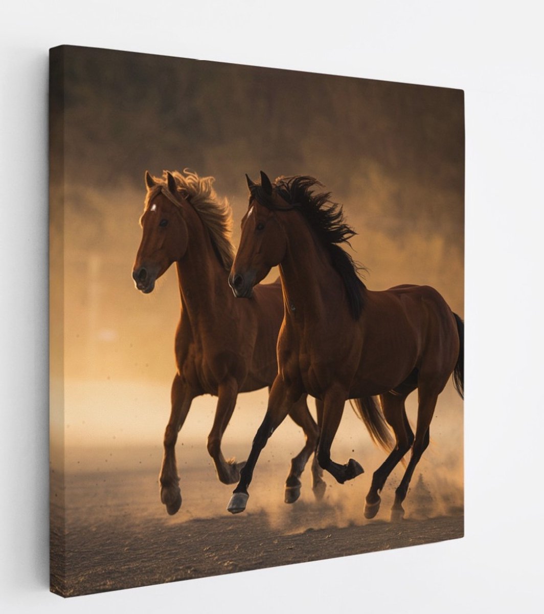 Saammp Canvas Schilderij - 2 Paarden in de Natuur - Dieren - 100x100 - Foto op canvas - Wanddecoratie - muurdecoratie Woonkamer - Slaapkamer decoratie - Canvas Print Multicolor