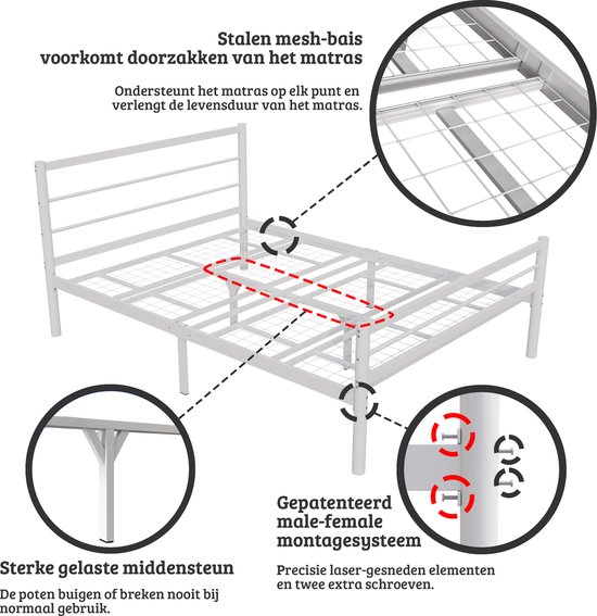 Cadre de lit en métal robuste AirSleeperz Burhara - Couleur blanc - Dimensions 140x200 cm - Pour 2 personnes - Capacité de charge 600 kg