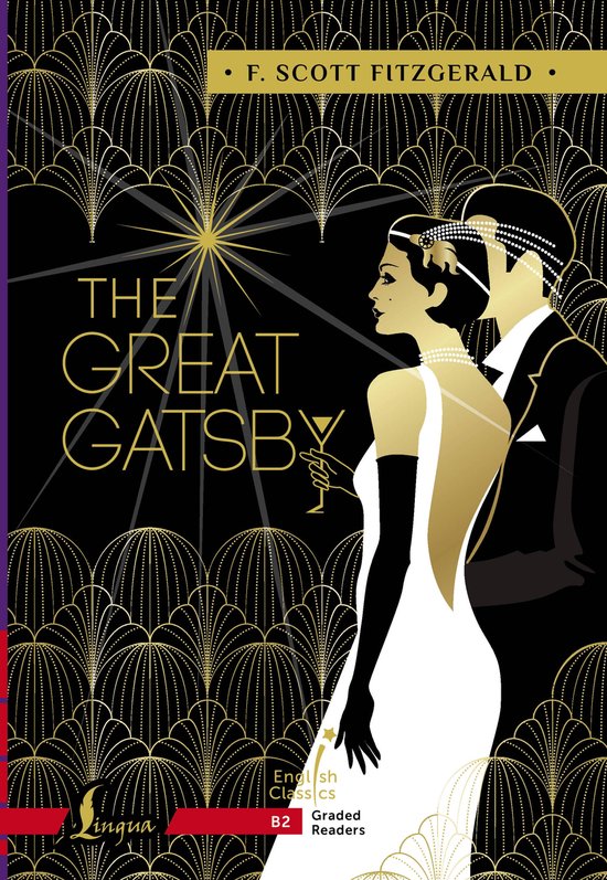 Couverture du livre 'The Great Gatsby' avec un couple style années 1920, femme en robe blanche, homme en smoking. Motif art déco doré.