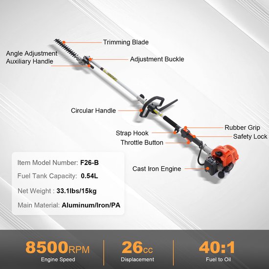 VEVOR 5-In-1 Heggenschaar Benzine Heggenschaar 26cc Heggenschaar Met Lange Steel 0,54l van Merkloos	 — afbeelding 5