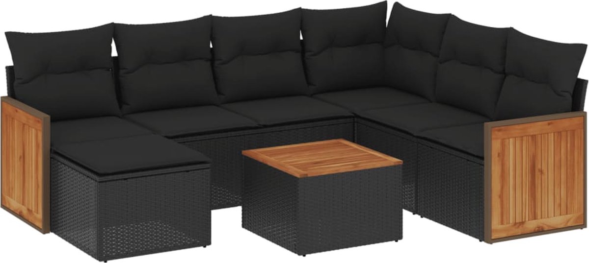 The Living Store 8-delige Loungeset met kussens poly rattan zwart - Loungeset - Tuinmeubels - Lounge Set - Buitendecoratie - Outdoor Furniture