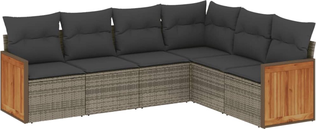 The Living Store 6-delige Loungeset met kussens poly rattan grijs - Loungebank - Tuinset - Loungehoekbank - Buitendecoratie - Tuinmeubels