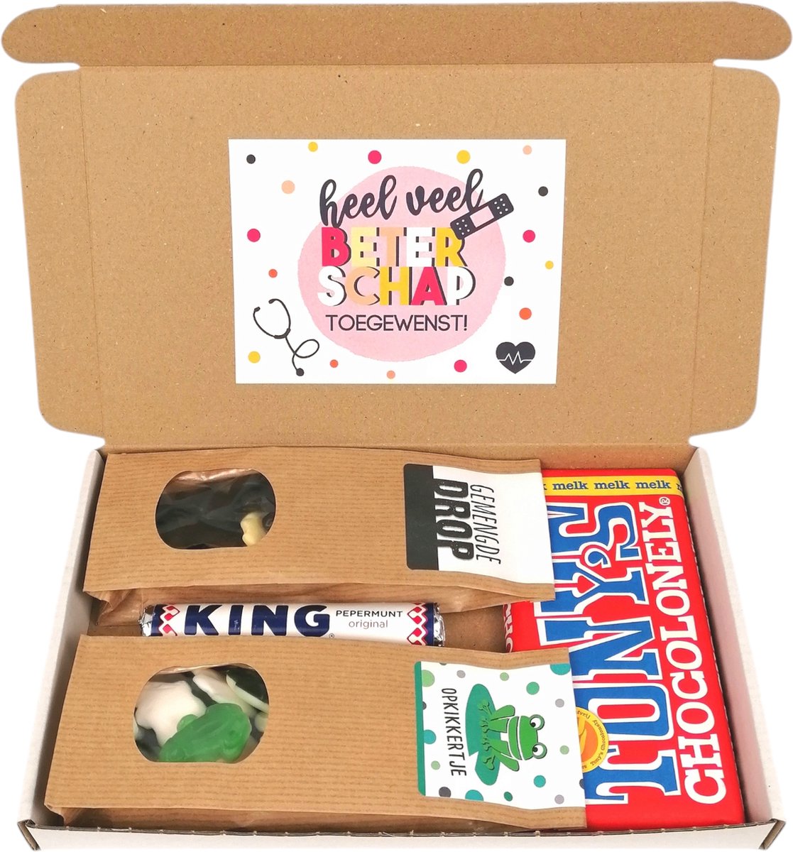 Beterschap brievenbus cadeau - Heel veel beterschap toegewenst - Snoepkikkers - Tony Chocolonely -Dropmix- King pepermunt