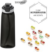 I am Superwater air fragrances - Gourde d'eau parfumée - Bouteille d'eau Geur Air - Comprend 7 dosettes - Zwart - 1000 ml - Tritan - Sans BPA - Kit de démarrage Up