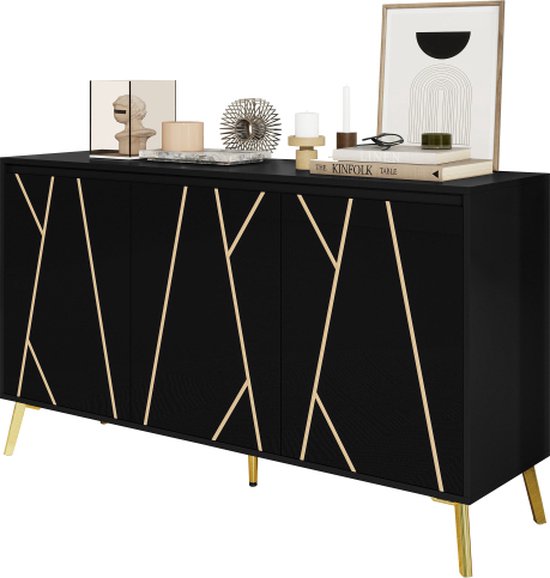 3-deurs Dressoir - Dressoir Met 5 Metalen Poten En 6 Binnenvakken Voor Eetkamer 3-deurs Dressoir - Dressoir Met 5 Metalen Poten En 6 Binnenvakken Voor Eetkamer