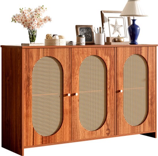 Sideboard Aus Pinie Und Natürlichem Rattan, 160 X 37 X 80 Cm Schleichen B41ab