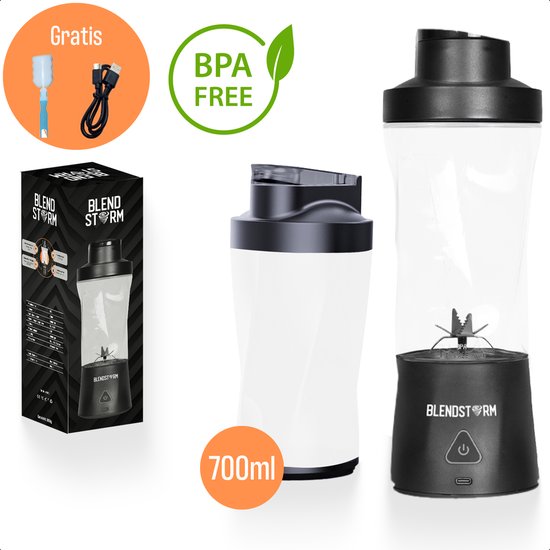 BlendStorm 700ml blender, meegeleverde borstel, USB-kabel en verpakking.