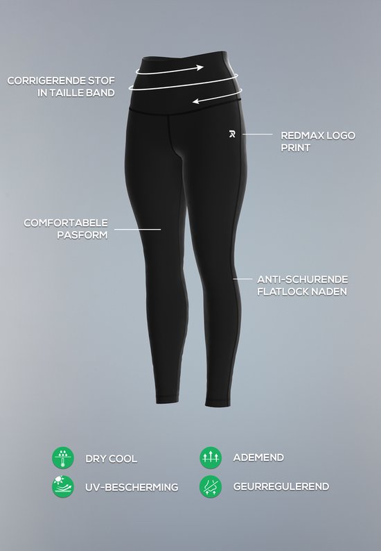Zwarte sportlegging met corrigerende tailleband, comfortabele pasvorm, anti-schurende flatlock naden en Redmax logo print.