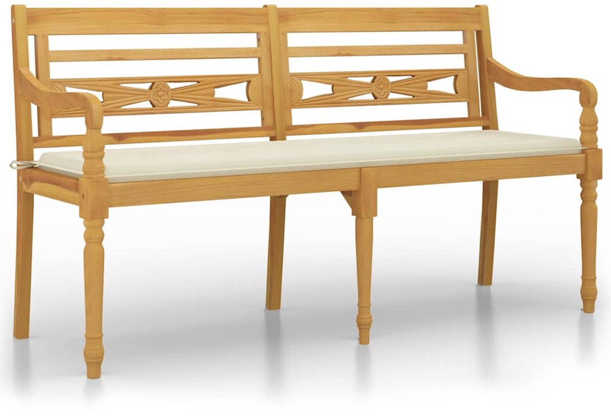 vidaXL Bankje - Bankjes - Tuinbankje - Bankje - Bankje Batavia met crèmekleurig kussen 150 cm massief teakhout