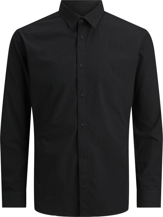 Zwart button-down overhemd met lange mouwen, van voren gezien.