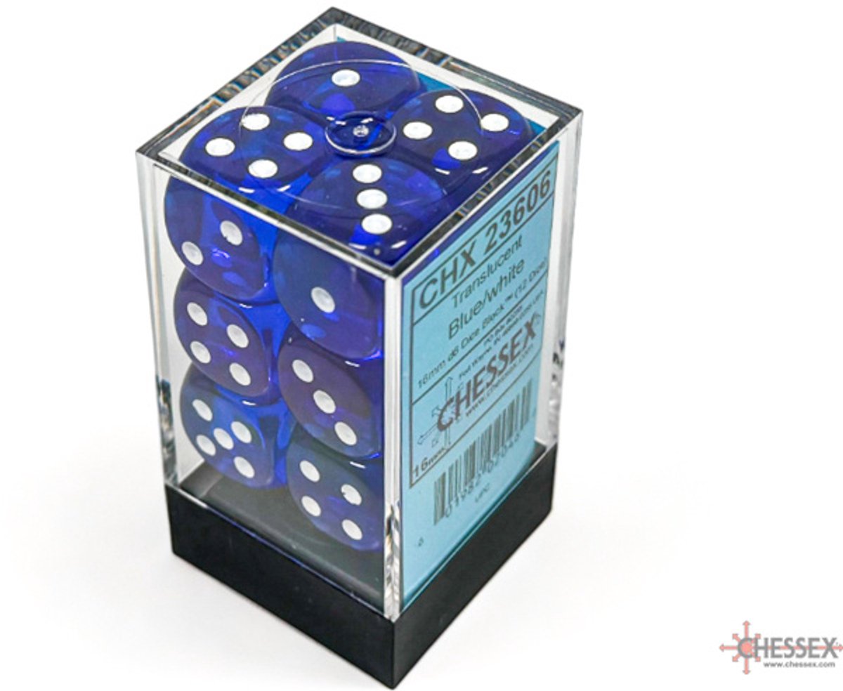 Chessex Doorschijnend Blauw/wit D6 16mm Dobbelsteen Set (12 stuks)