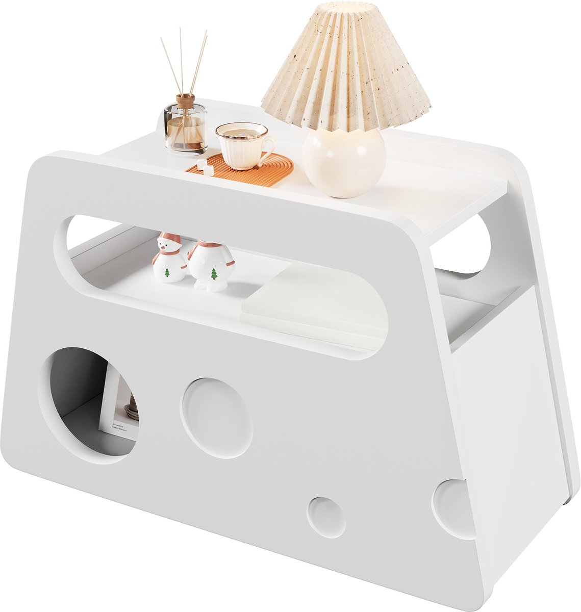 Moderne bijzettafel - wit met wielen - Afgerond design - Mobiel & ruimtebesparend - Ideaal voor woonkamer en slaapkamer - 81x33x51,5 cm