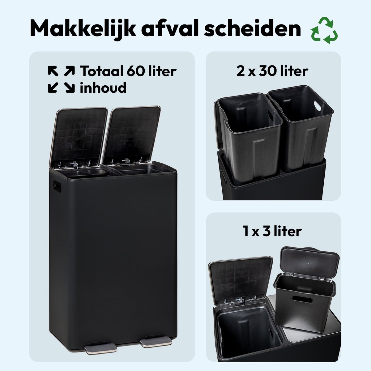 Clevich Vuilnisbak Keuken 60 Liter - 2 X 30L Afvalscheiding Met Softclose Deksel En Pedaal, Bruin