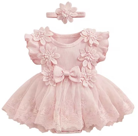 Luxe Baby Jurkje - Maat: 62/68 - Inclusief Haarband - Kleur: Roze - Luxe Kanten Jurkje - Babyjurk / Zomer Jurk / Verjaardag Jurk - Birthday Jurk / Huwelijk / Verjaardag - Hoge Kwaliteit - Schattig & Comfortabel