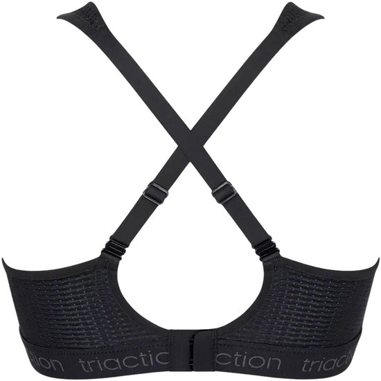 Zwart sportbeha achterkant met gekruiste bandjes en sluiting. Band met 'triaction'-logo.