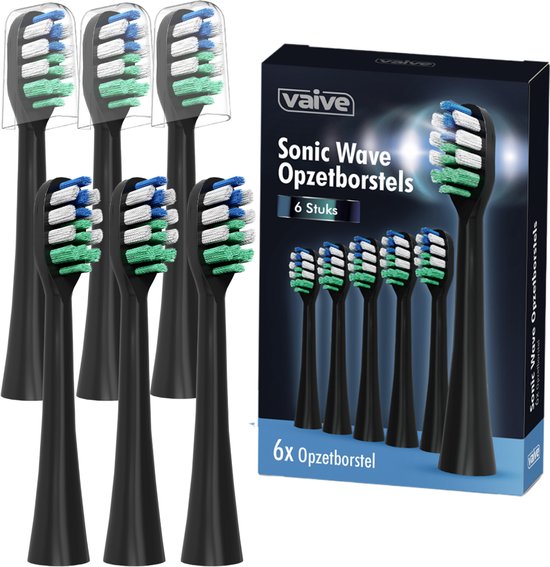 Zes zwarte opzetborstels met groene, witte en blauwe borstelharen, naast een doos met de tekst 'Vaive Sonic Wave Opzetborstels'.