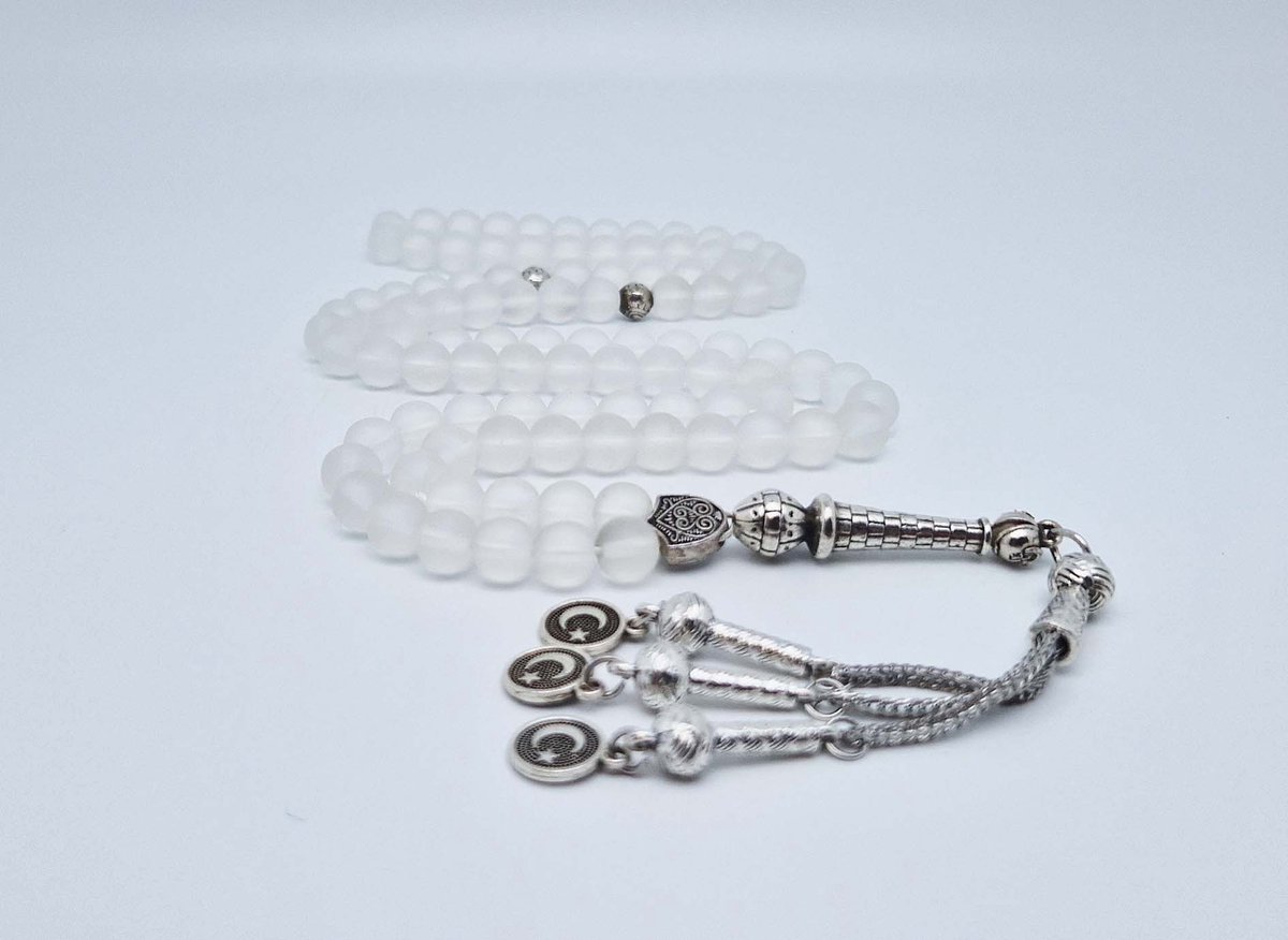 Handgemaakte tesbih "Tasbih" natuursteen "Selenite" - Aantal kralen 99 - Diameter kralen 8MM - met metaal tassel "Vlag van Turkije" - Een mooi cadeau-idee