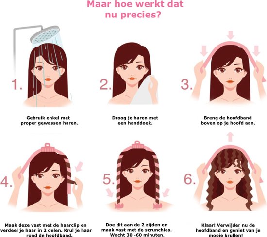 Illustratie van 6 stappen om krullen te maken met een roze lint en scrunchies.