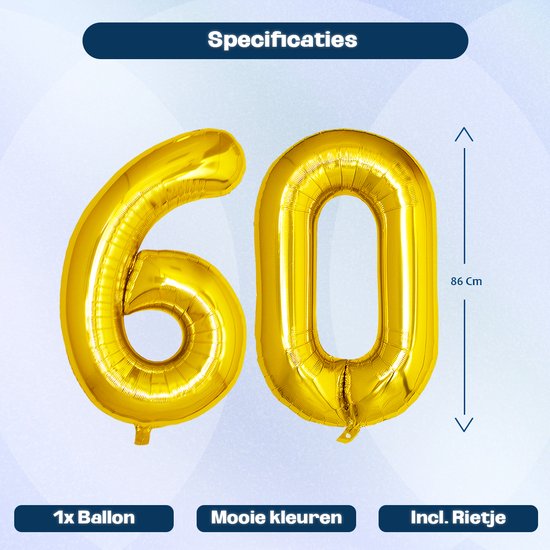 Gouden heliumballonnen cijfer 60, 86cm hoog. Met rietje, 1 ballon.