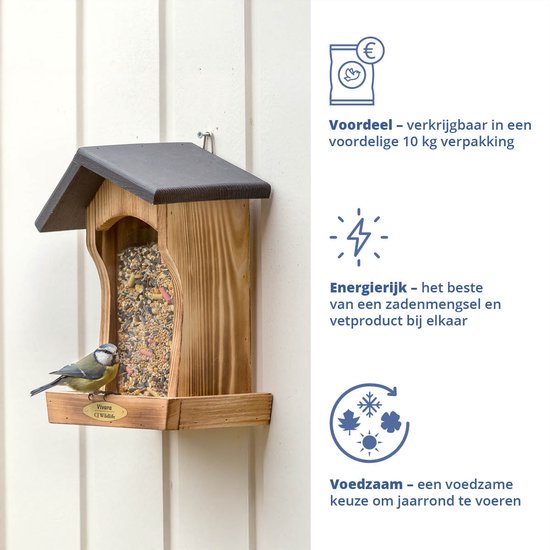 Houten voederhuisje aan de muur met een dak, gevuld met vogelvoer en een pimpelmeesje.