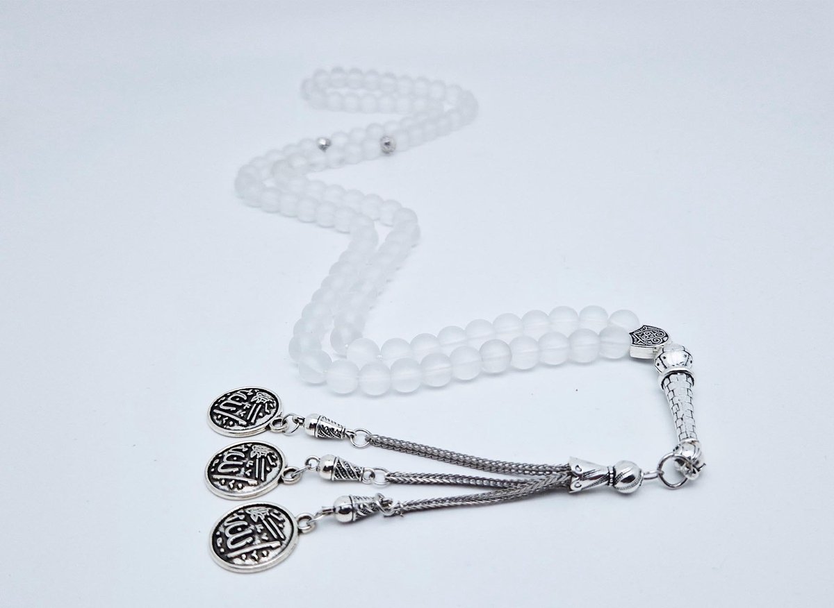 Handgemaakte tesbih "Tasbih" natuursteen "Selenite" - Aantal kralen 99 - Diameter kralen 8MM - met metaal tassel "Allah jala jalaluh" - Een mooi cadeau-idee
