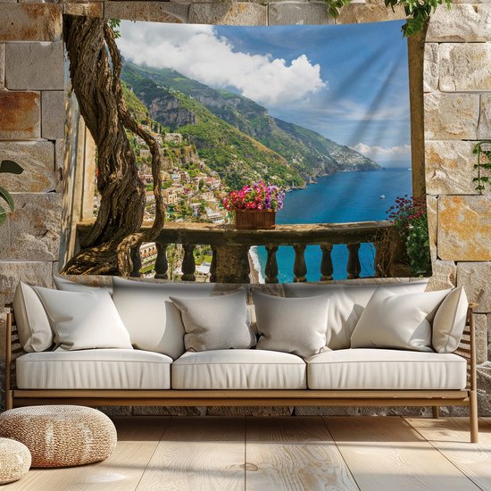 Ulticool - Vue Balcon Montagnes Mer Nature - Affiche Tapisserie - 200x150 cm - Groot tapisserie - Affiche Jardin Tapisserie