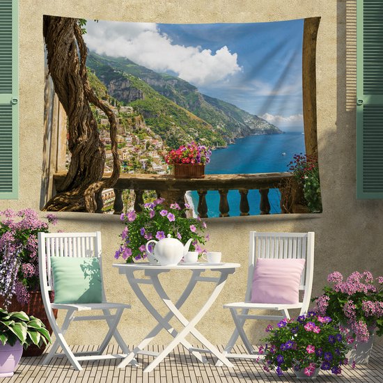 Ulticool - Vue Balcon Montagnes Mer Nature - Affiche Tapisserie - 200x150 cm - Groot tapisserie - Affiche Jardin Tapisserie