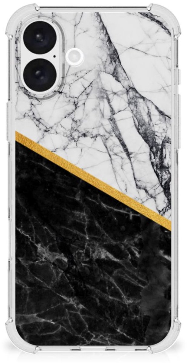 iPhone 16 Plus Anti-Shock Hoesje Marmer Wit Zwart - Origineel Cadeau Man