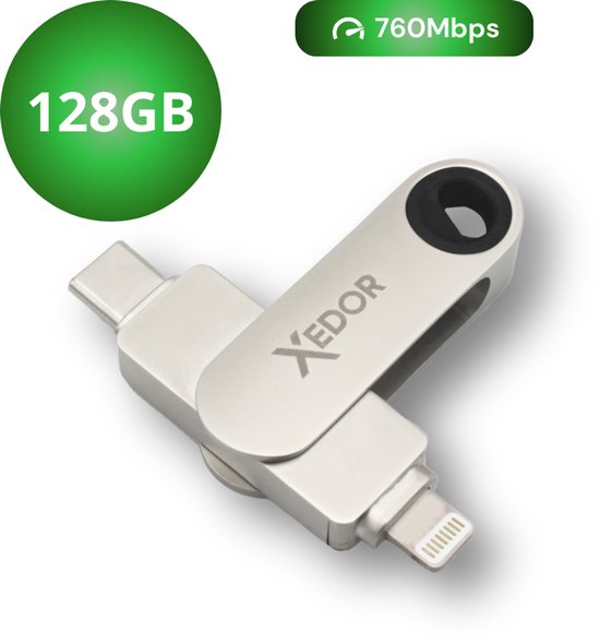 Xedor® Clé USB Flex 128 GB - Lightning et USB C 3.2 Gen 1 - 760Mbps - Convient à tous les iPhones