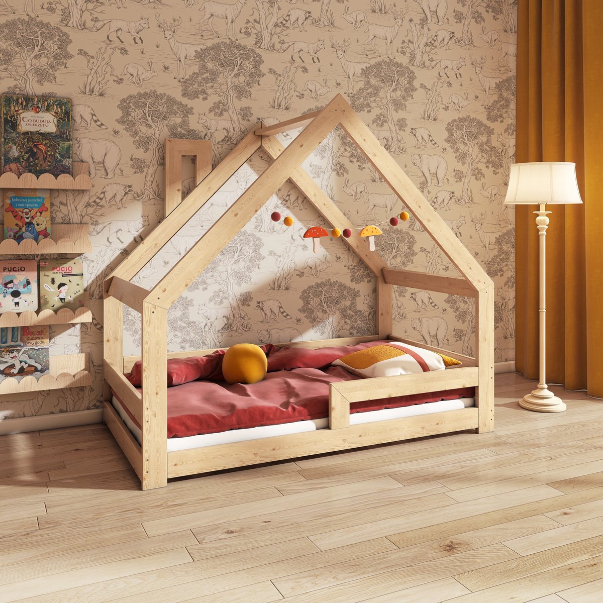 Need Sleep - Montessori Kinderbed Huisbed Peuterbed met Uitvalbescherming - Naturel Hout - 70x140 cm - met schoorsteen - symmetrisch