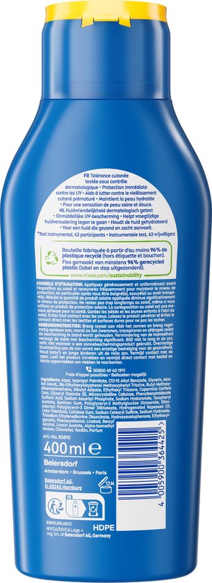Blauwe fles met gele dop, met gebruiksinstructies en ingrediëntenlijst.
