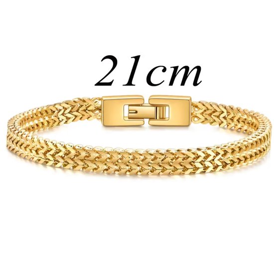 Gouden armband van 21 cm met een schakelpatroon en een gespsluiting.