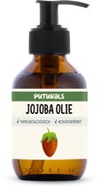 Puturals Jojoba Olie 100% Biologisch - 150ml - Puur en Koudgeperst - Jojoba Olie als Haarolie, Huidolie en Gezichtsolie - Rijk aan Omega 9 Vetzuren en Vitamine E - Golden Jojoba Olie - Bruine Glazen Fles + Pomp