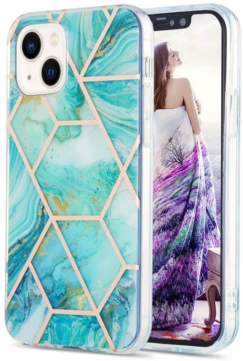 Cityhoesje - iPhone 15 - Splicing Marble Pattern Electroplated - Back Cover - Blauw