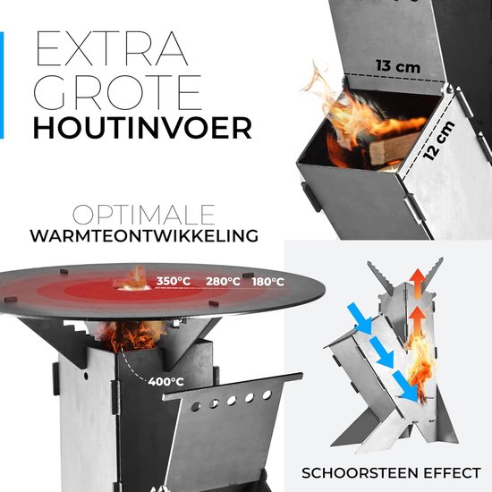 Rocket stove raketoven incl. met grillplaat, 2 extra poten en vuurhaak