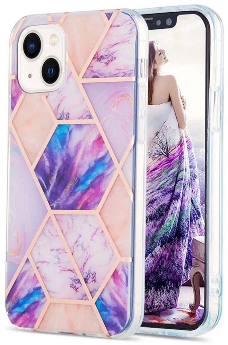 Cityhoesje - iPhone 15 - Splicing Marble Pattern Electroplated - Back Cover - Light Paars