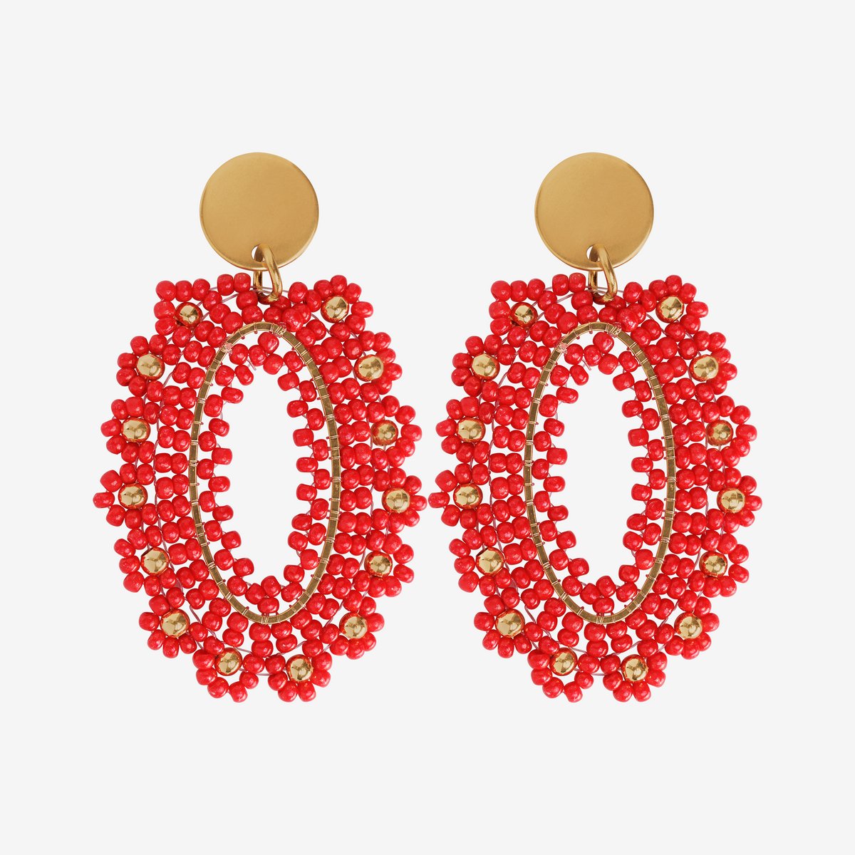 Eleganza Red Beads Oval Earrings Gold