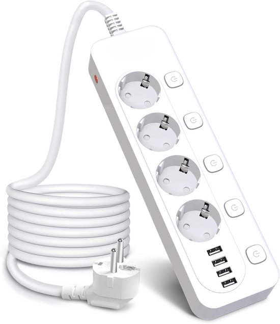 Witte stekkerdoos met 4 geaarde stopcontacten en 4 USB-poorten, elk met individuele aan/uit-schakelaar. Met 2 meter witte kabel.