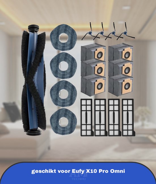 19 stuks X10 Pro accessoiresset voor eufy X10 Pro Omni stofzuigerrobot, 1 hoofdborstel, 4 zijborstels, 4 HEPA-filters, 4 reinigingsdoeken en 6 stofzakken, vervangende onderdelen en accessoires voor