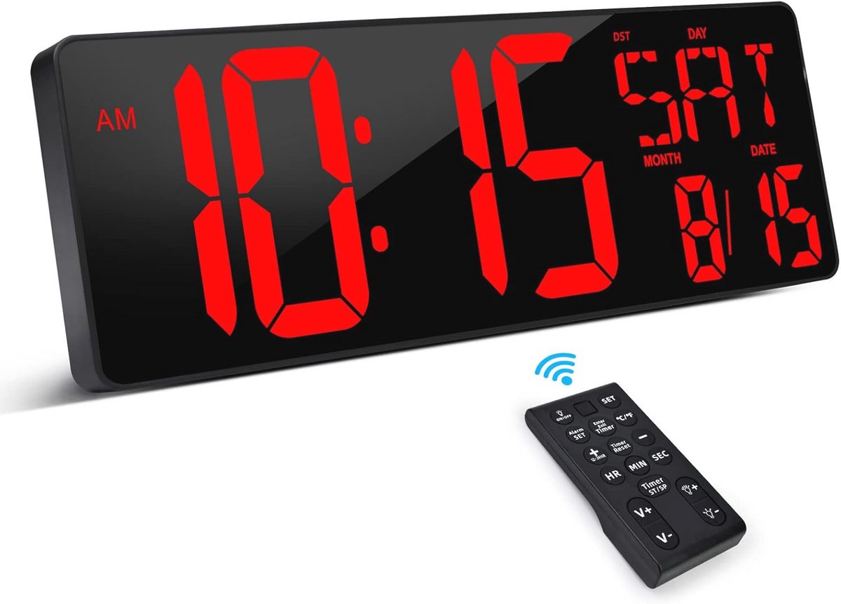 Grote Digitale Wandklok met Afstandsbediening – 16,5 Inch LED Display met Timer, Instelbare Helderheid, Datum en Temperatuur